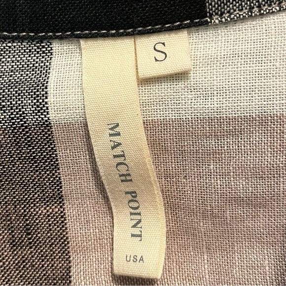 Match Point Shirt Dress 100% Linen Big Plaid Roll Tab Sleeves Black Beige Small - Picture 2 of 8